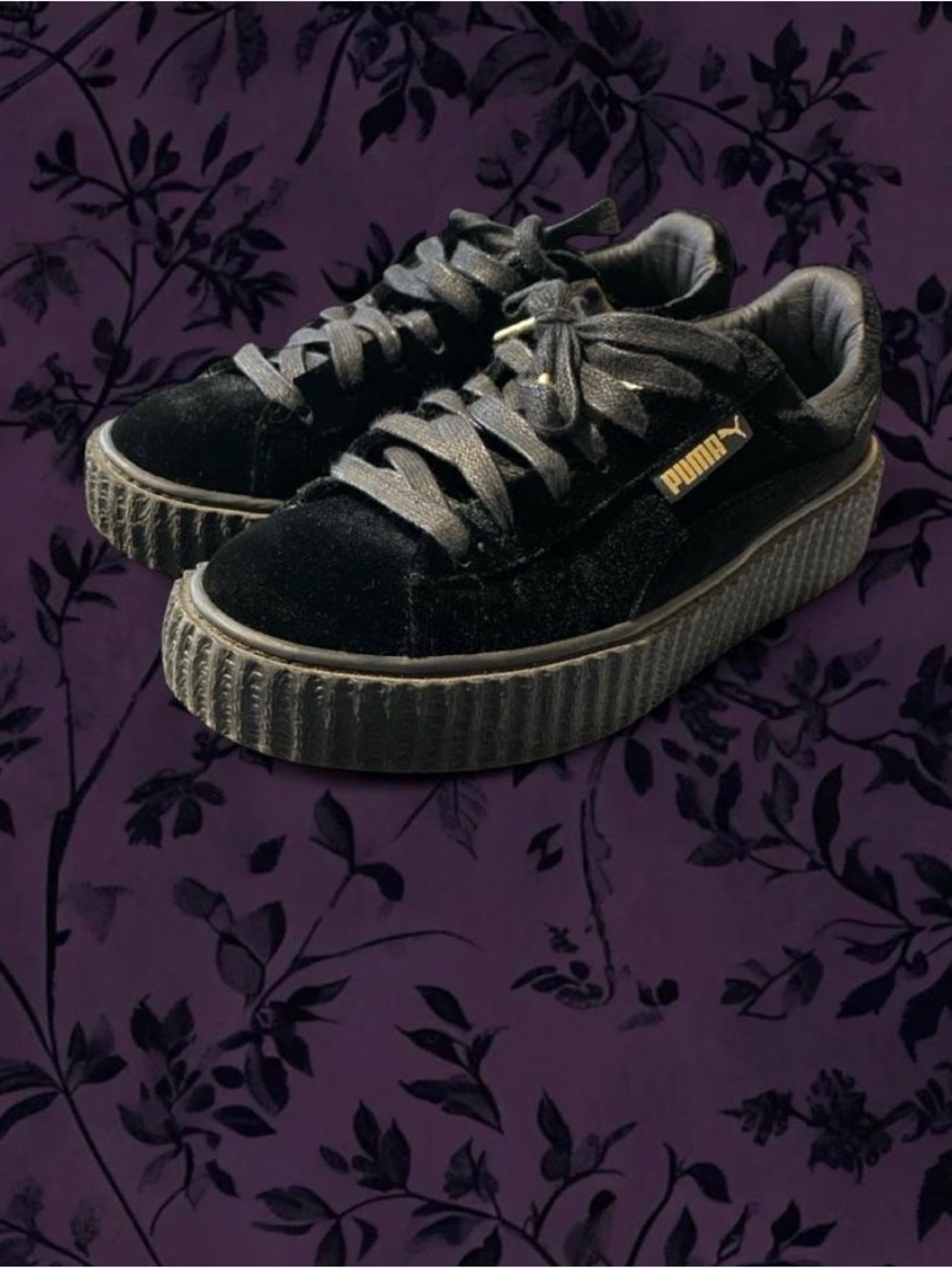Puma Black Velvet Platform Creepers with Gold Logo